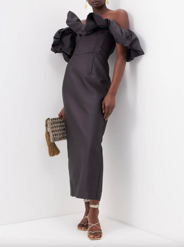 Rent the Alemais black Suzi Off-the-Shoulder Midi Dress at Rites