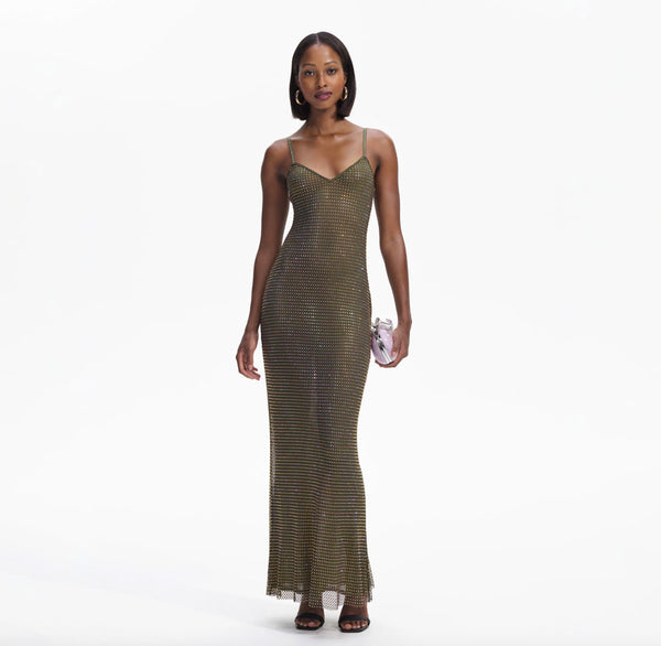 Rent Self Portrait Khaki Rhinestone Maxi Dress | Rites Rental