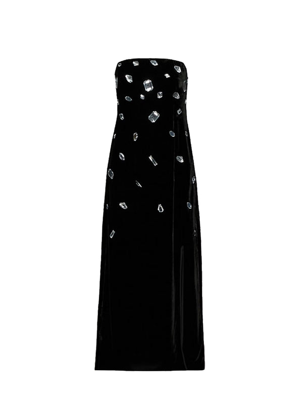 Florence Bejewelled Strapless Dress in black velvet by Rixo