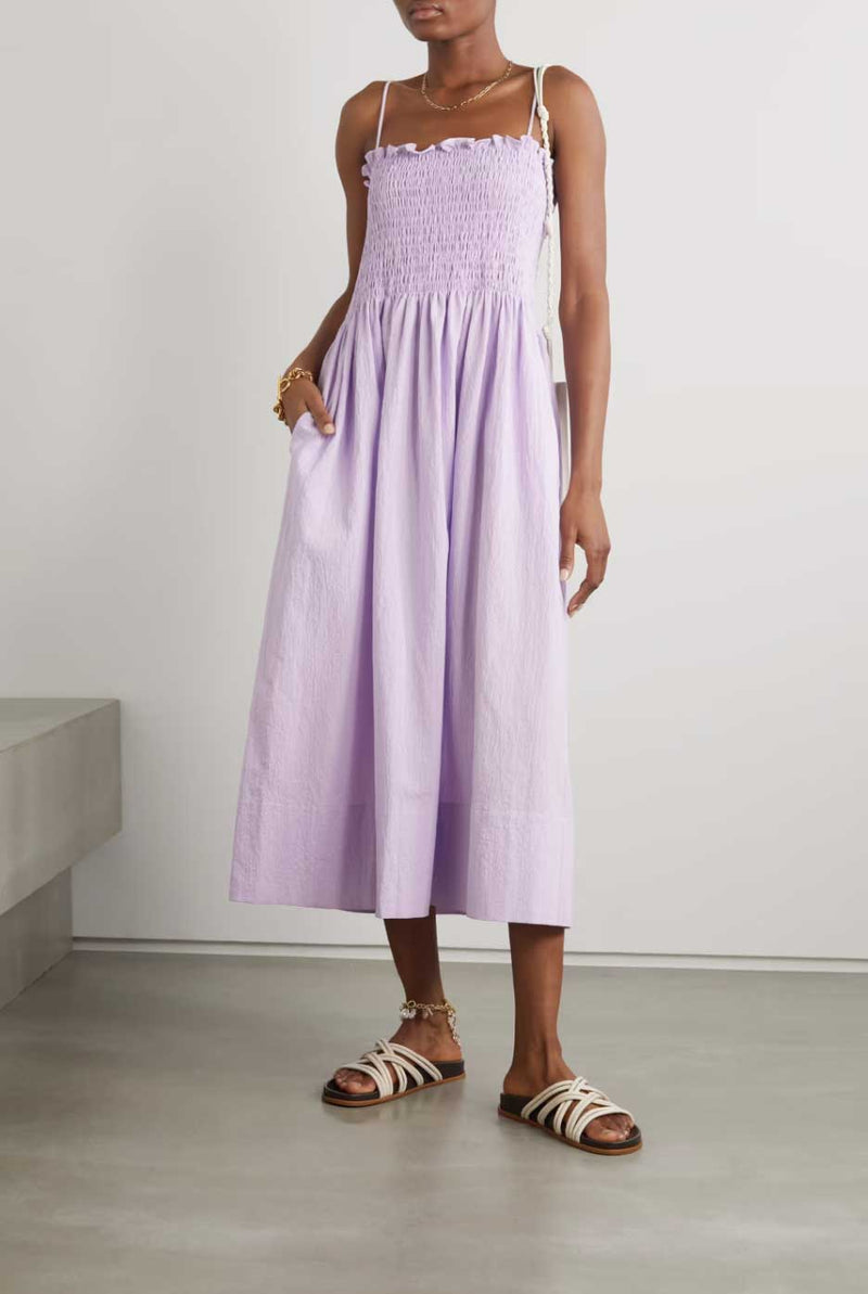 Rent the Lena Midi Dress in shirred lilac cotton from Three Graces London