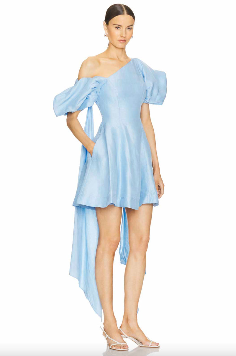 Rent the Aje Powder Blue Arista Tulip Asymmetric Mini Dress at Rites