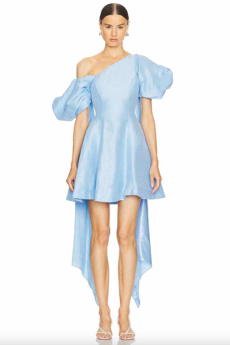 aje asymmetric dress Inspired by natural harmony, the Wisteria Midi Dress is where angularity meets softness. A fitted bodice with curved seaming and ruching falls to a flared, asymmetrical skirt, mirroring the volume of the