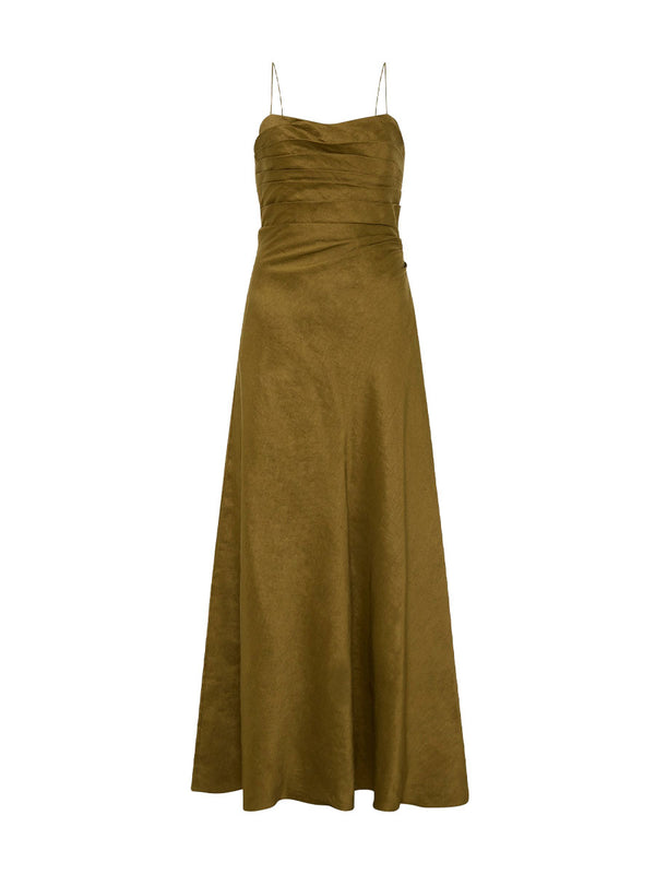 Rent the Aje Clarice Pleated Linen-Blend Maxi Dress in olive green at Rites