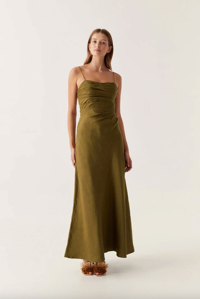 Rent the olive green Aje Clarice Pleated Linen-Blend Maxi Dress at Rites