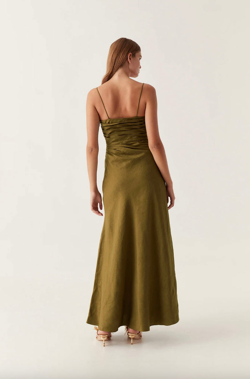 Rent the Clarice Pleated Linen-Blend Maxi Dress in olive green by Aje at Rites