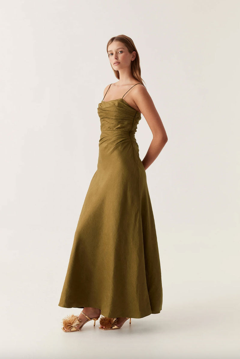 Rent the Aje Clarice Pleated Maxi Dress in olive green linen at Rites