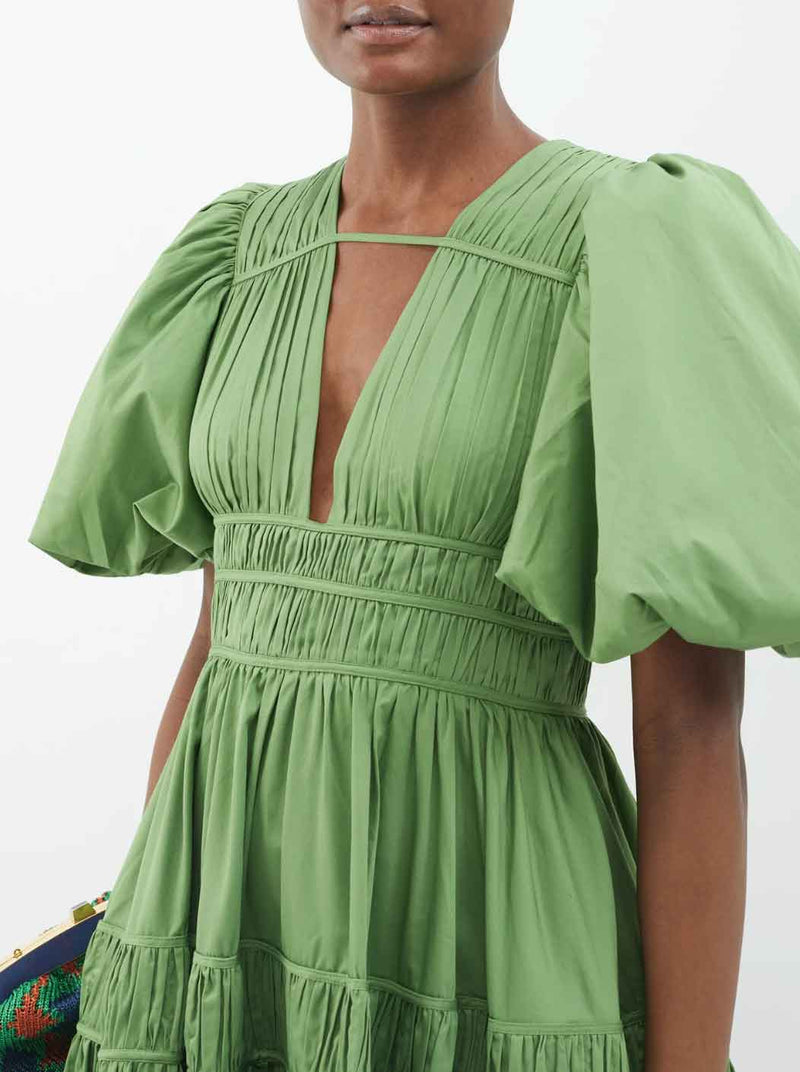 Rent Fallingwater Gathered Midi Dress Green by Aje | Rites Rental & Resale Rent Fallingwater Gathered Midi Dress Green by Aje | Rites Rental & Resale