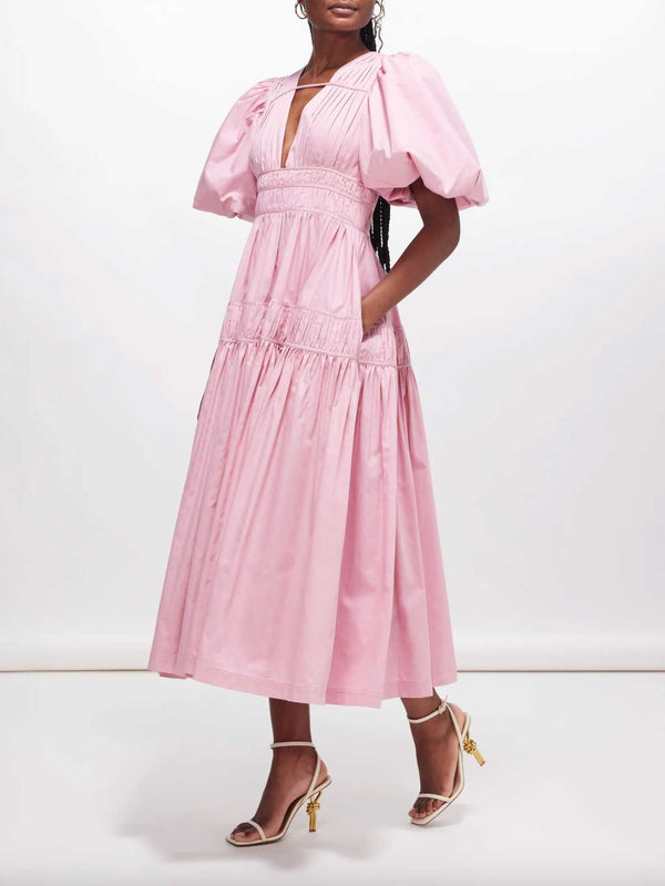 Rent the Aje Fallingwater Gathered Midi Dress in pink cotton at Rites