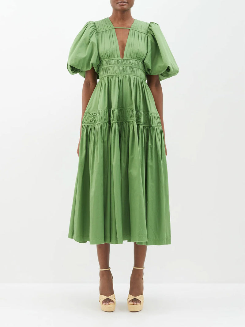 Rent Fallingwater Gathered Midi Dress Green by Aje | Rites Rental & Resale Rent Fallingwater Gathered Midi Dress Green by Aje | Rites Rental & Resale