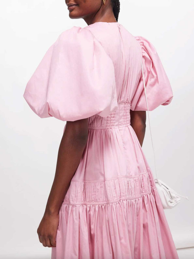 Rent Aje Fallingwater Gathered Midi Dress Pink | Rites Rental & Resale Rent Aje Fallingwater Gathered Midi Dress Pink | Rites Rental & Resale