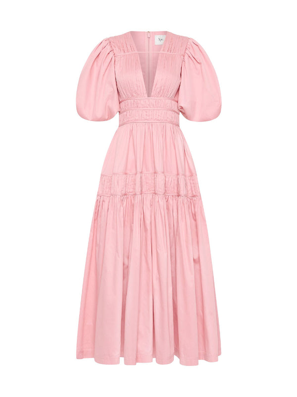 Rent the Aje Fallingwater Puff Sleeve Midi Dress in pink cotton at Rites