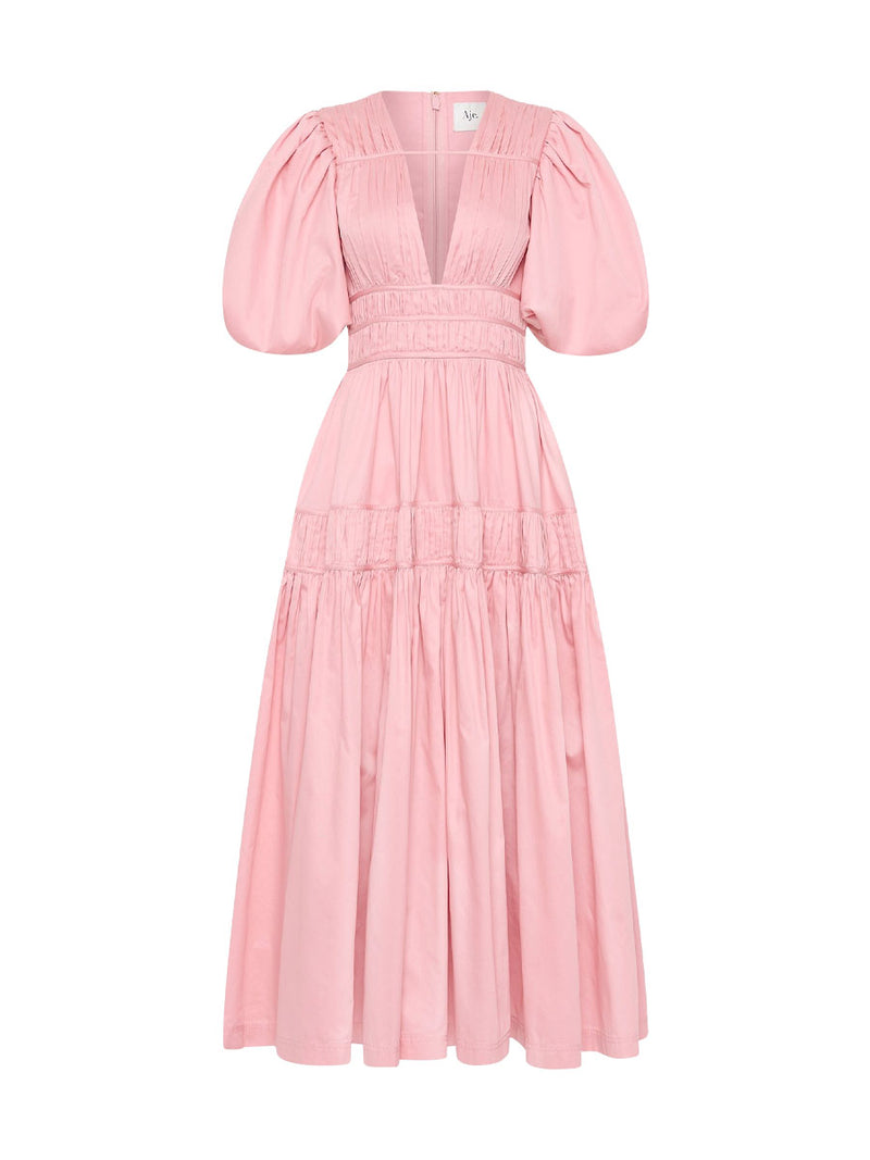 Rent Aje Fallingwater Gathered Midi Dress Pink | Rites Rental & Resale Rent Aje Fallingwater Gathered Midi Dress Pink | Rites Rental & Resale