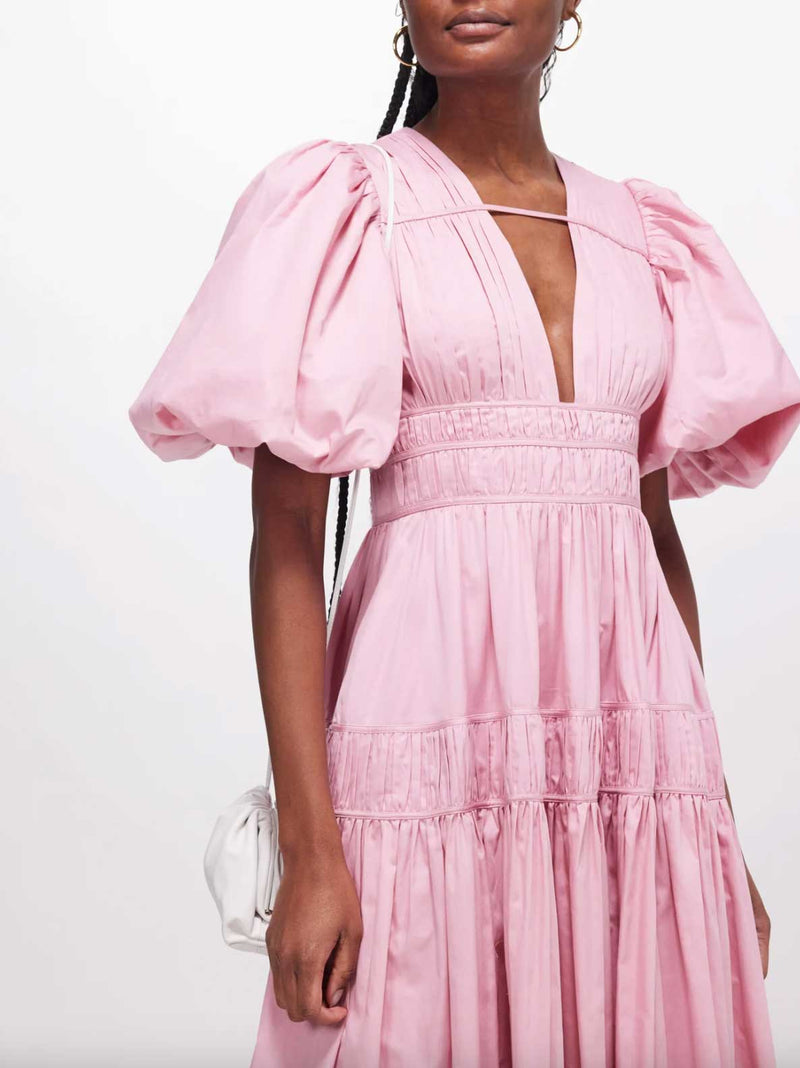 Rent the Fallingwater Puff Sleeve Gathered Midi Dress in pink cotton by Aje at Rites