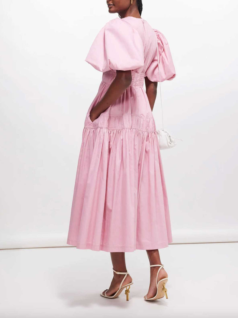 Rent Aje Fallingwater Gathered Midi Dress Pink | Rites Rental & Resale Rent Aje Fallingwater Gathered Midi Dress Pink | Rites Rental & Resale