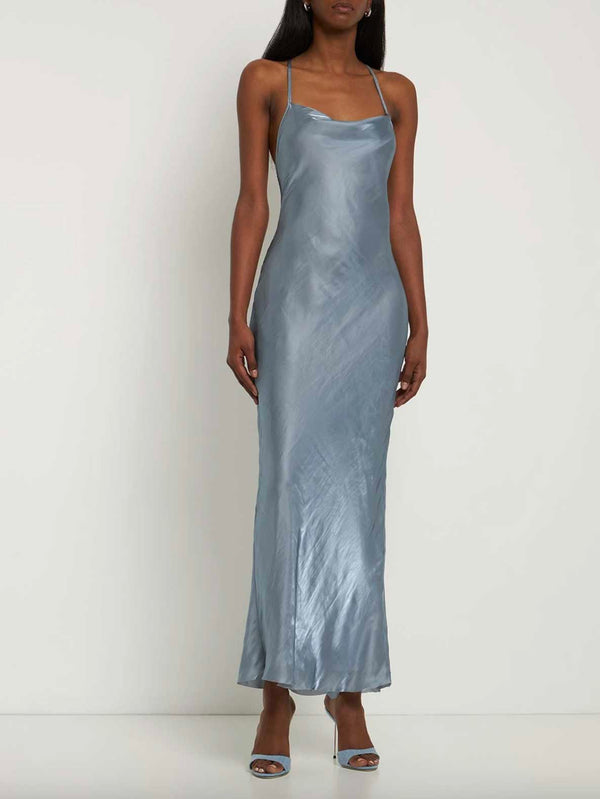 Rent the Bec & Bridge Indra Maxi Dress in Steele Blue Satin at Rites