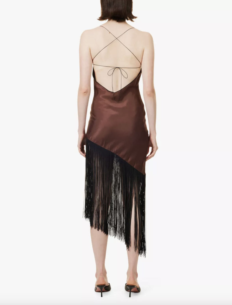 Rent the Bec & Bridge Sashay Fringe Embellished Brown Dress at Rites