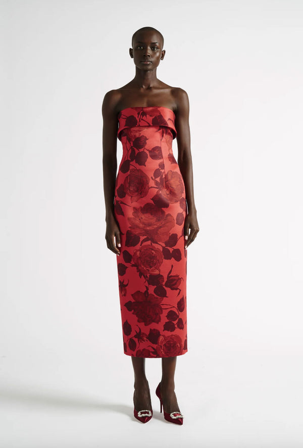 Rent the Emilia Wickstead red floral Keeley Strapless Dress at Rites