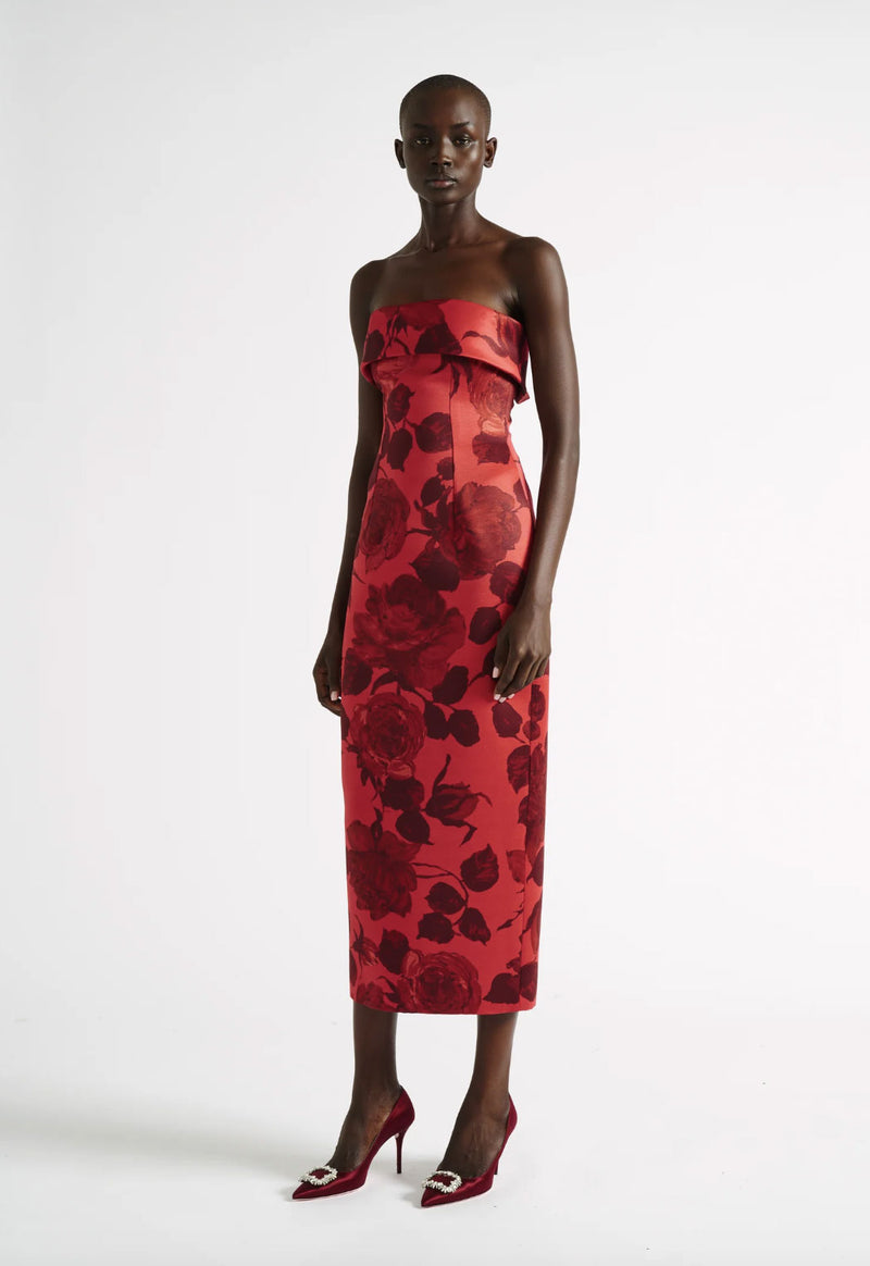 Rent the Keeley Strapless Red Floral Dress by Emilia Wickstead at Rites