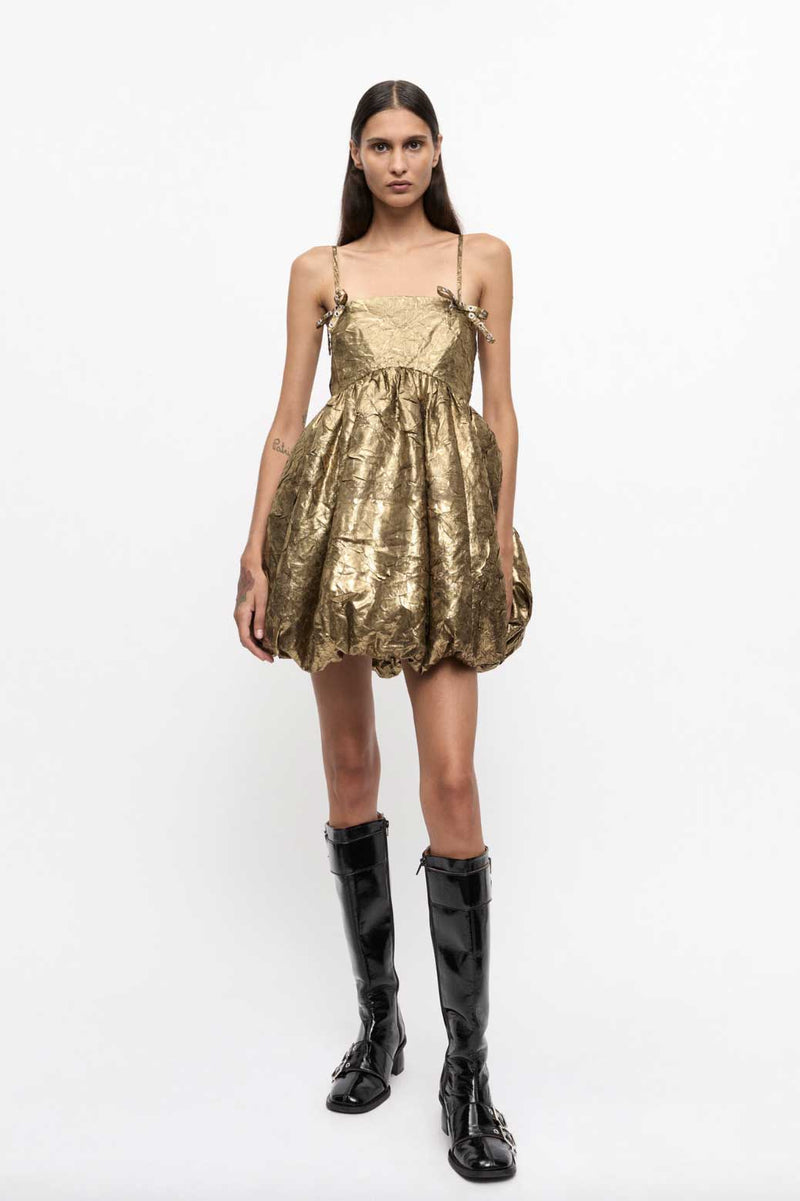 Rent Ganni Gold Pleat Strap Mini Dress | Rites Rental & Resale Rent Ganni Gold Pleat Strap Mini Dress | Rites Rental & Resale