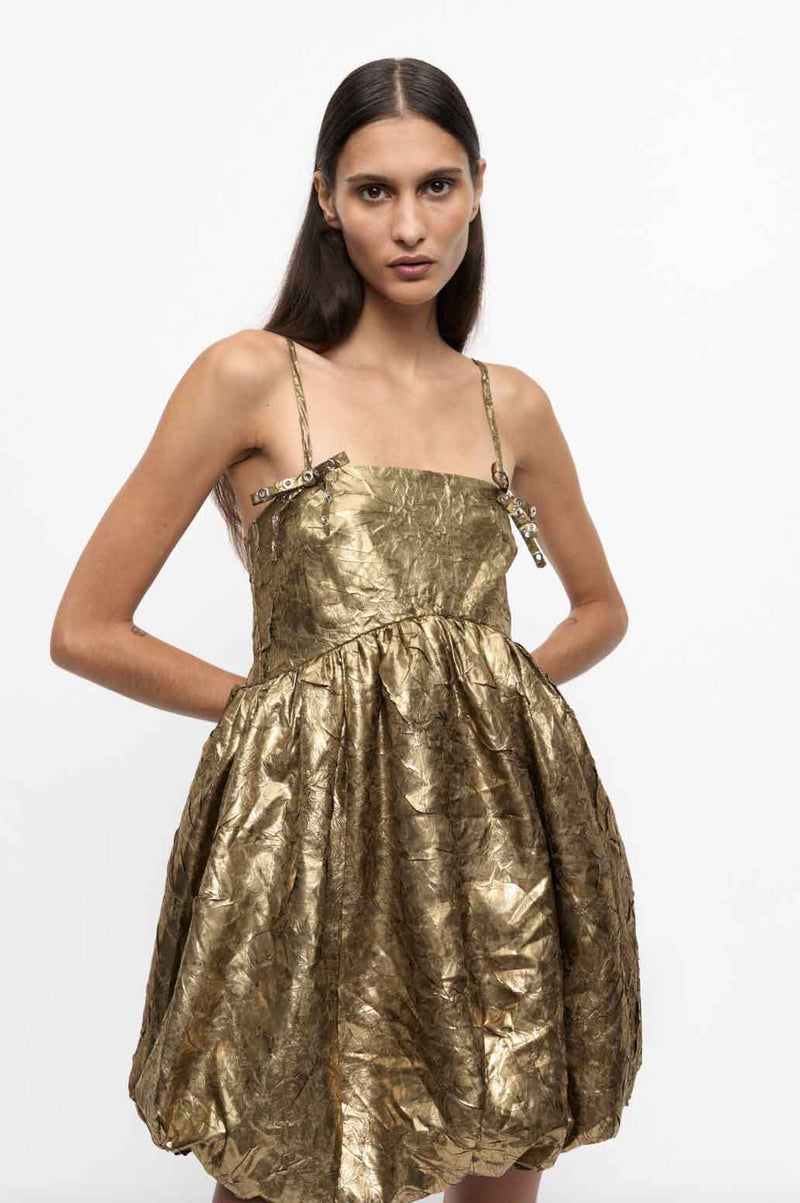 Rent Ganni Gold Pleat Strap Mini Dress | Rites Rental & Resale Rent Ganni Gold Pleat Strap Mini Dress | Rites Rental & Resale