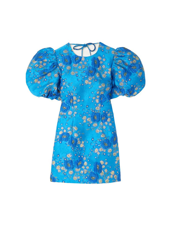 Rent the Puff Sleeve Mini Dress in blue jacquard by Ganni