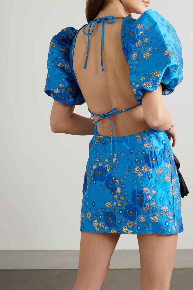 Rent the Puff Sleeve Mini Dress in blue jacquard by Ganni