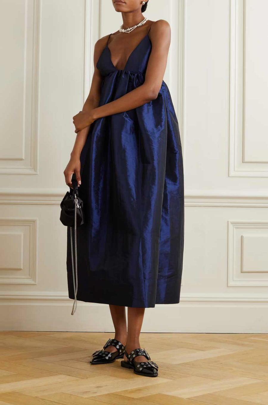 Rent Ganni Gathered Taffeta Midi Dress | Rites London Rent Ganni Gathered Taffeta Midi Dress | Rites London
