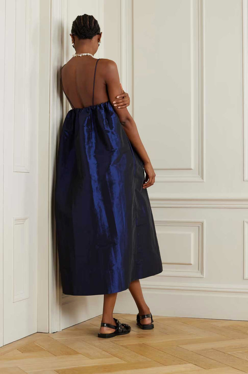 Rent Ganni Gathered Taffeta Midi Dress | Rites London Rent Ganni Gathered Taffeta Midi Dress | Rites London