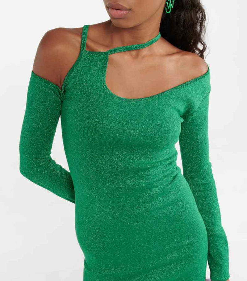 Asymmetric One-Shoulder Mini Dress in green metallic by J.W. Anderson