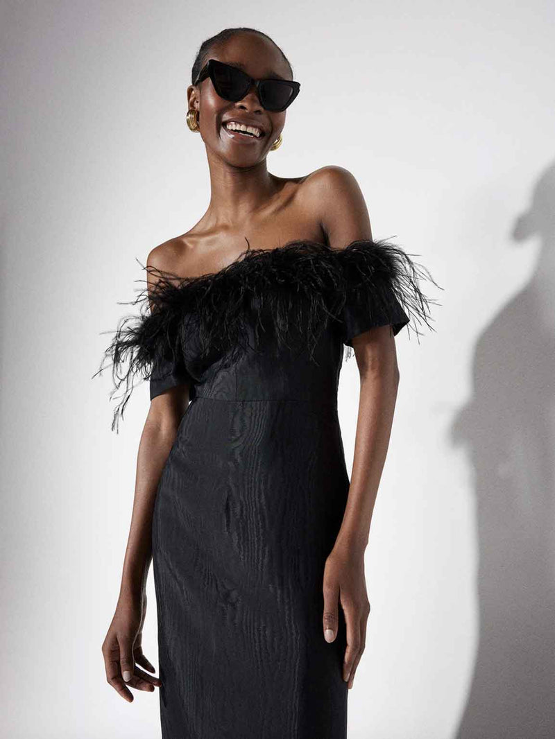 Black feather cocktail dress online