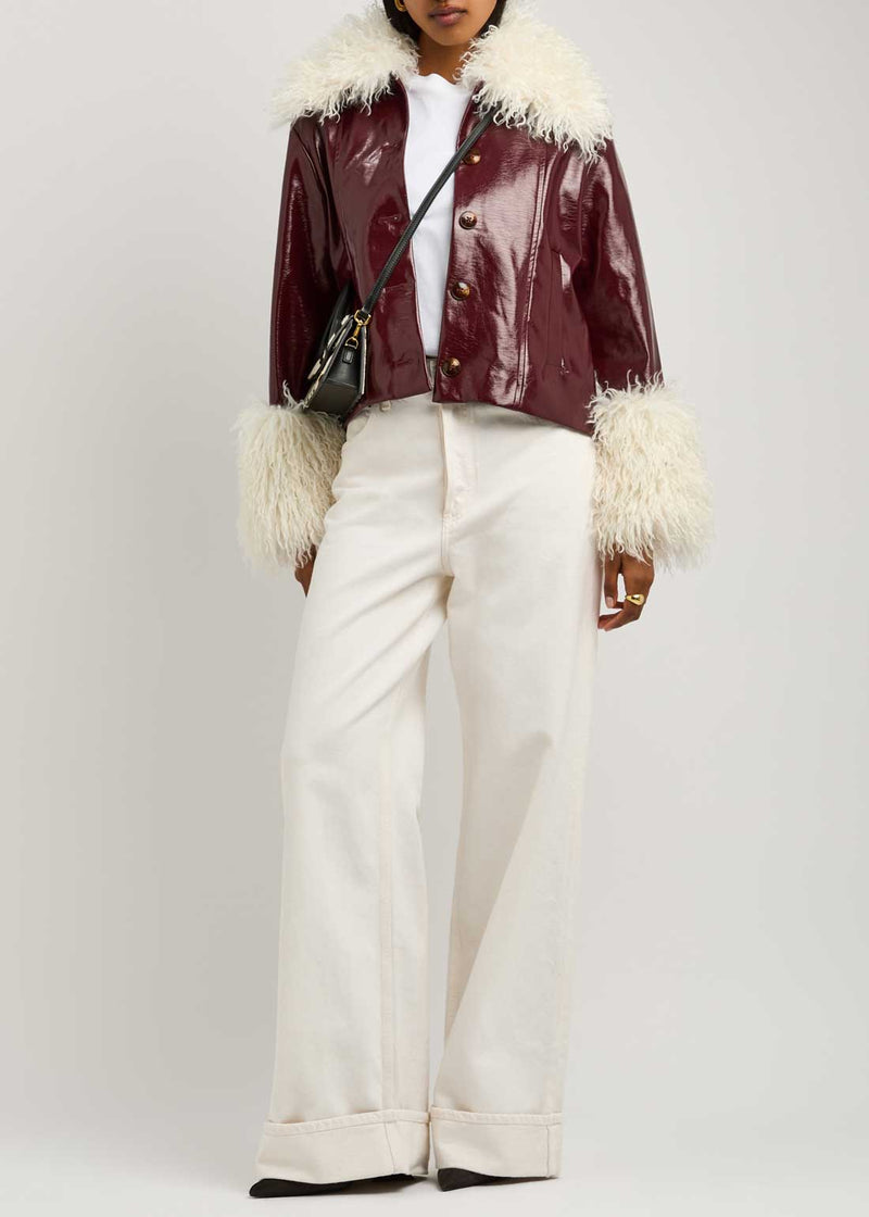 Rent the Kitri Bonnie Faux Shearling Trimmed Oxblood Vinyl Jacket at Rites