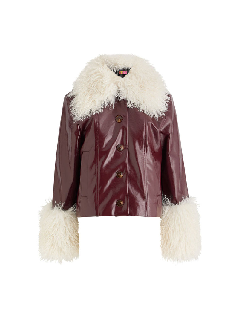 Rent the Kitri Bonnie Faux Shearling Trimmed Burgandy Vinyl Jacket in Oxblood at Rites