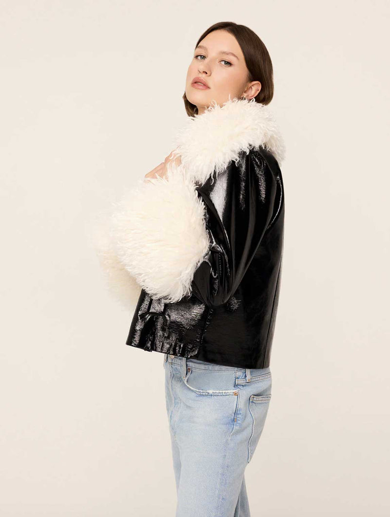 Rent the Kitri black Bonnie Faux Shearling Trimmed Jacket at Rites