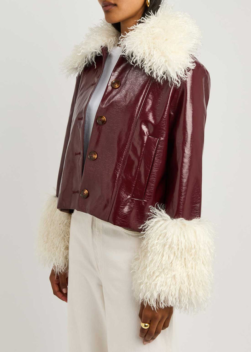 Rent the Bonnie Faux Shearling Trimmed Burgandy Vinyl Jacket by Kitri at Rites