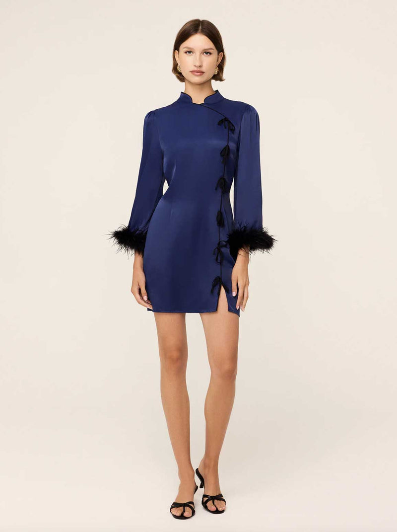 Rent the Kitri Naomi Satin Feather Mini Dress in navy at Rites