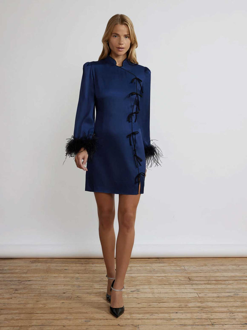 Rent the Naomi Navy Satin Feather Mini Dress by Kitri at Rites