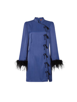 Rent the Kitri Naomi Navy Satin Feather Mini Dress at Rites