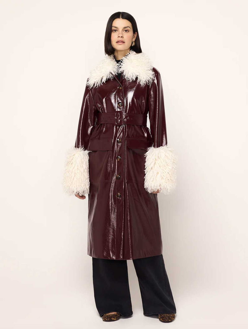 Rent the Simone Burgandy Faux Shearling Trimmed Vinyl Coat by Kitri at Rites