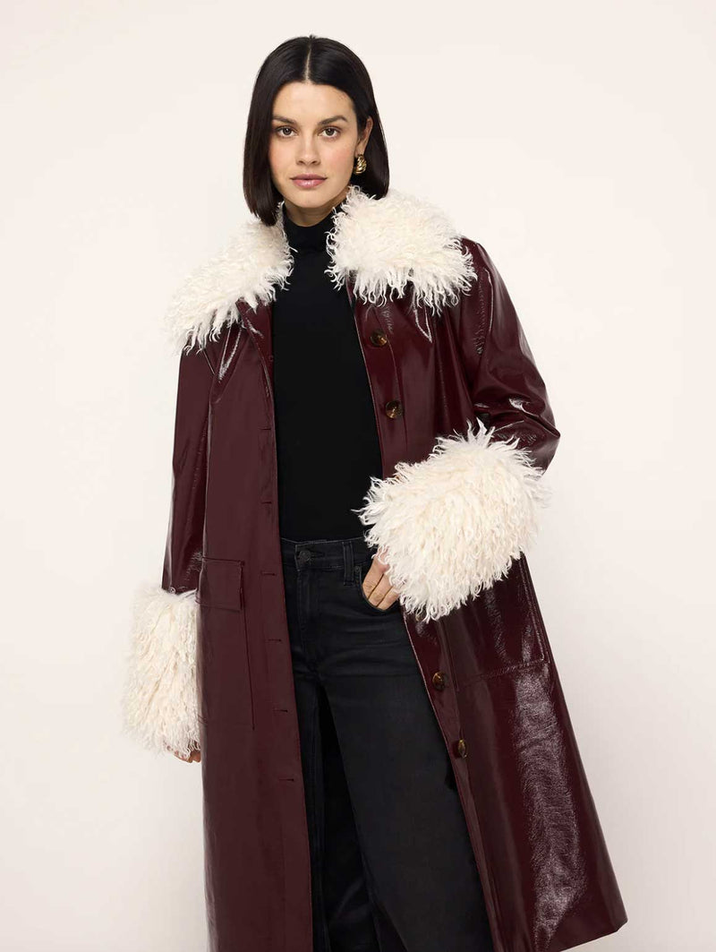 Rent the Kitri Simone Faux Shearling Trimmed Burgandy Vinyl Coat at Rites