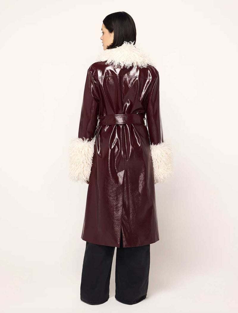 Rent the burgandy Simone Faux Shearling Trimmed Vinyl Coat by Kitri at Rites