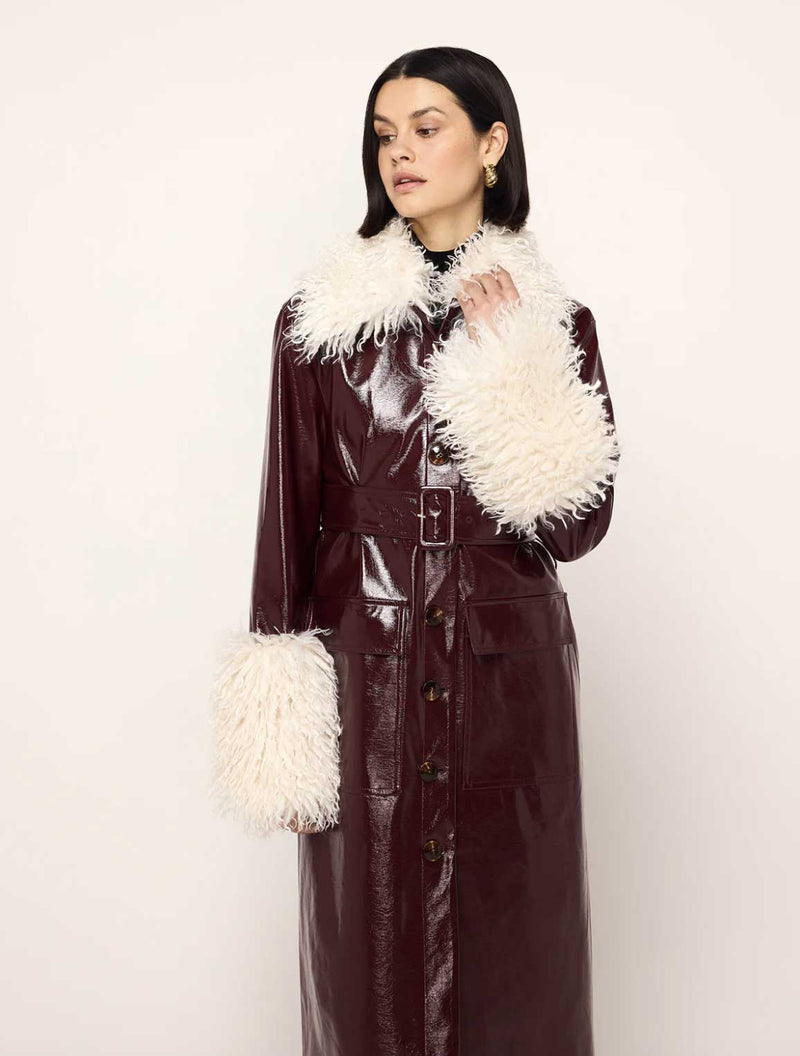 Rent the Kitri Simone Faux Shearling Trimmed Oxblood Vinyl Coat at Rites