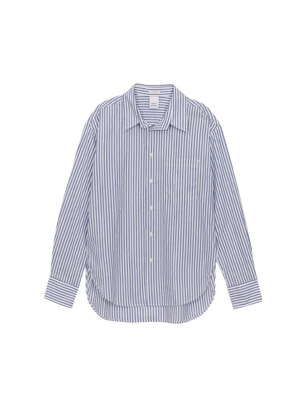 Shop the Mother x Clare V Roomie Frenchie Shirt in blue and white stripe at Rites
