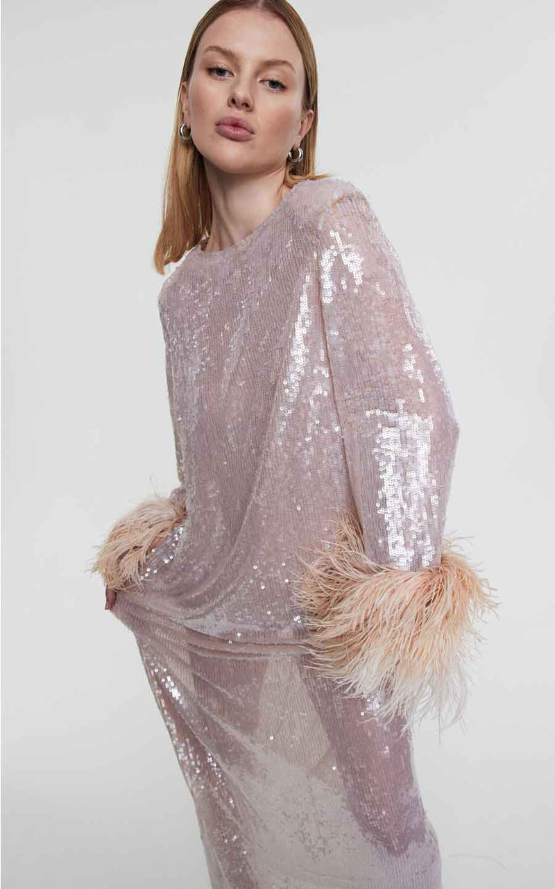 Rent the Rachel Gilbert Sequin Xanthy Gown with feather trim at Rites