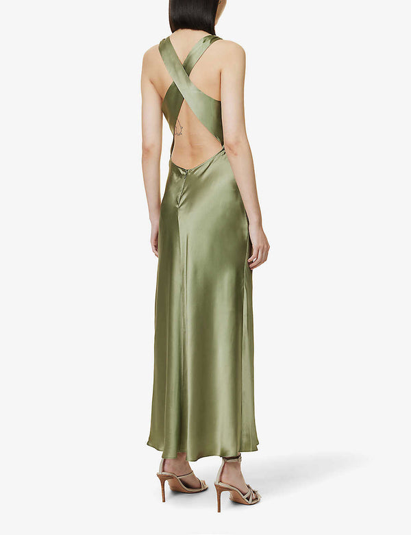Rent the Casette Midi Dress in artichoke green silk by Reformation