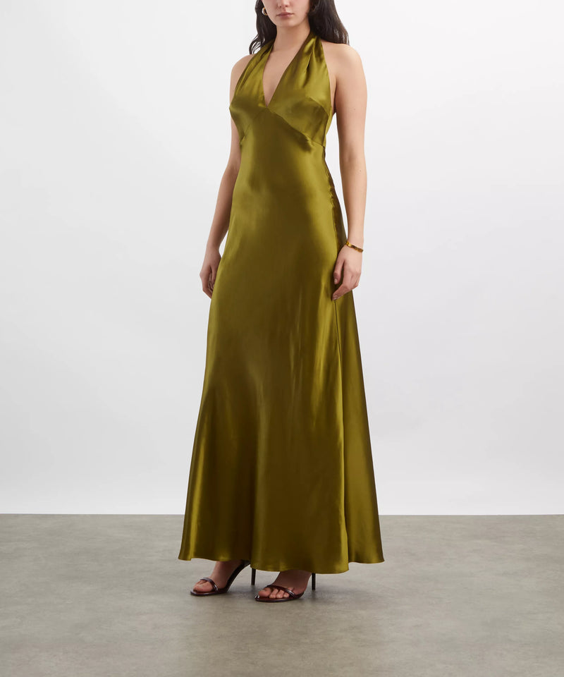 demi lovato in a wedding dress Rent Reformation Daniela Silk Maxi Dress - Pear