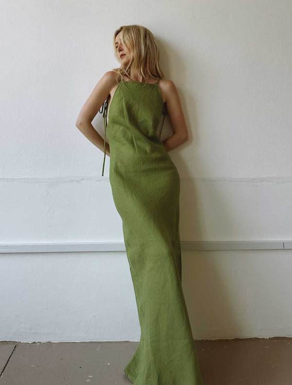 Rent the Selia Maxi Dress in green linen by Reformation