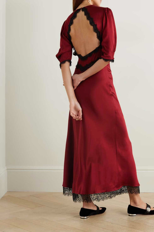 Rent the Gabrielle Lace-trimmed Red Satin Dress by Rixo at Rites
