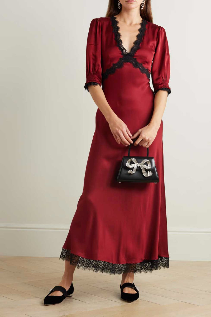 Rent the Rixo Gabrielle Lace-trimmed Satin Dress in crimson red at Rites