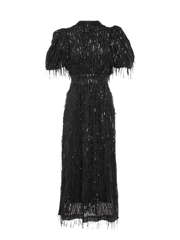 Rent the Rotate Birger Christensen Sequinned Puff Sleeve Midi Dress in black at Rites