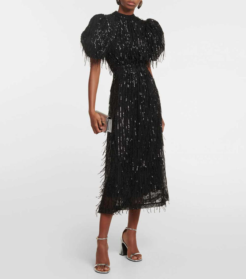 Rent the Sequinned Puff Sleeve Midi Dress in black by Rotate Birger Christensen at Rites